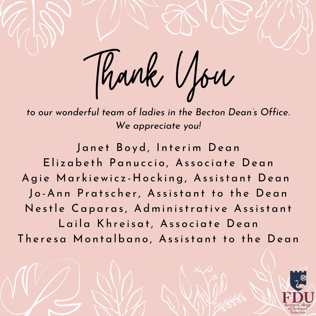 fdubecton's tweet photo. Happy International Women's Day! We would love to take a moment to thank our wonderful team of women in the Becton Dean's office for all of their hard work and dedication they put in for our students. π
#fdubecton #wearebecton https://t.co/oXCRZBbpI0