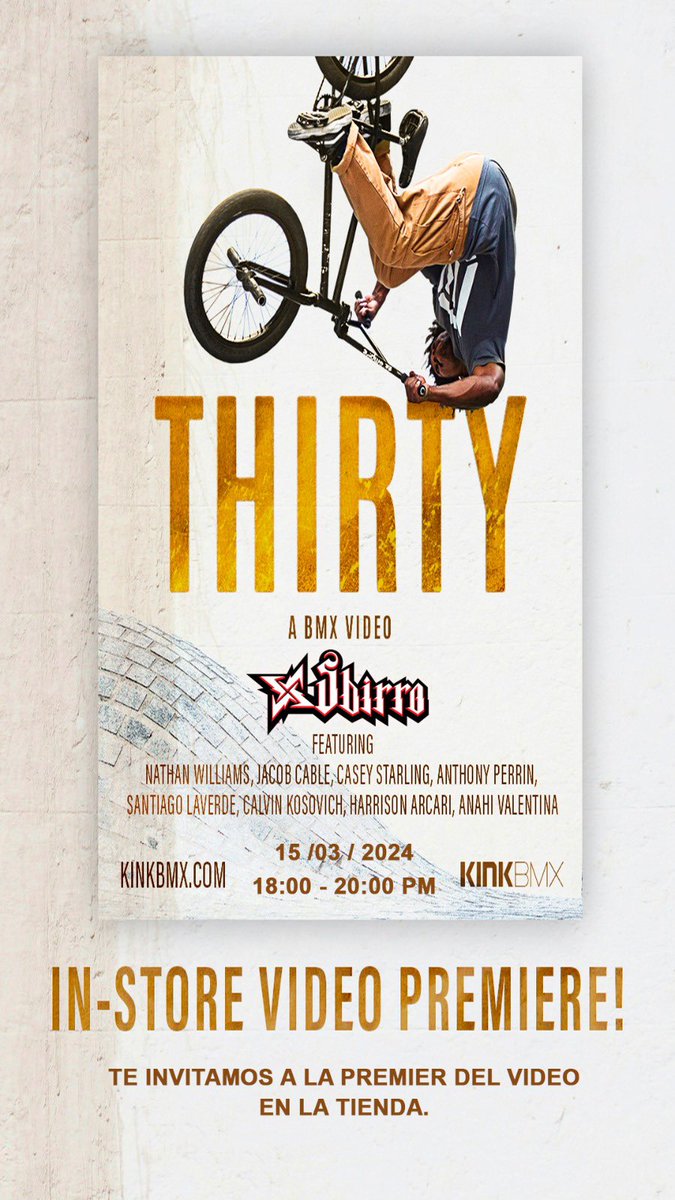 · Te invitamos a la premier del video por los 30 años de KINK ' THIRTY ' en nuestra tienda, ven y disfruta una tarde con la escena del BMX de Quito. Se sorteará premios para los asistentes.