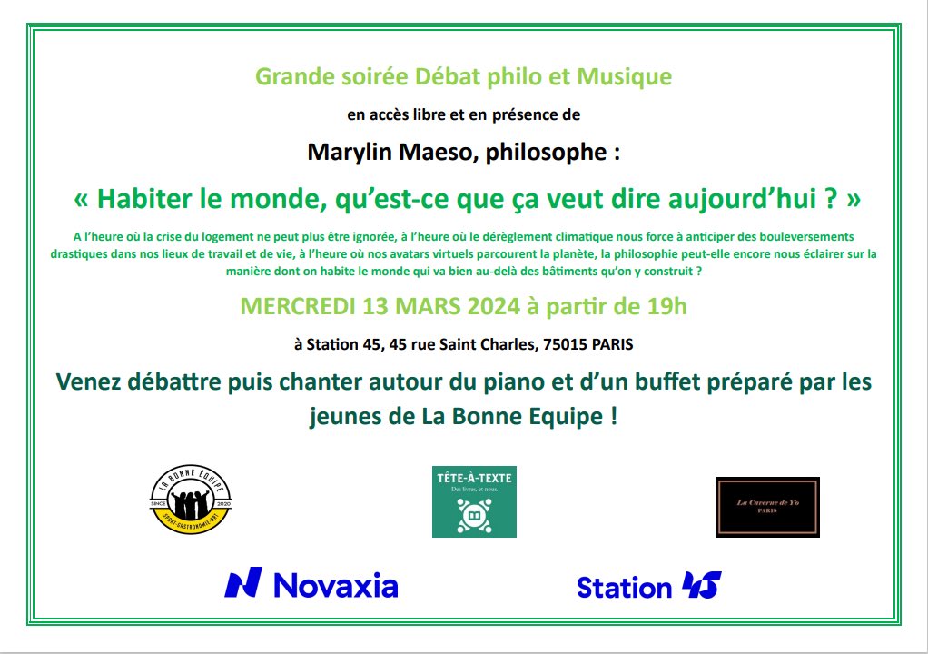 ‼️Mercredi 13 mars à 19h‼️
Soirée philo et musique en partenariat avec <a href="/novaxia_paris/">Novaxia</a> <a href="/LaBonneEquipeFR/">La Bonne Equipe</a> et <a href="/YoCaverne/">La Caverne de Yo</a> !

Entrée libre et animation musicale🤩

Venez donc réfléchir, échanger, débattre… et chanter📚💬🎹