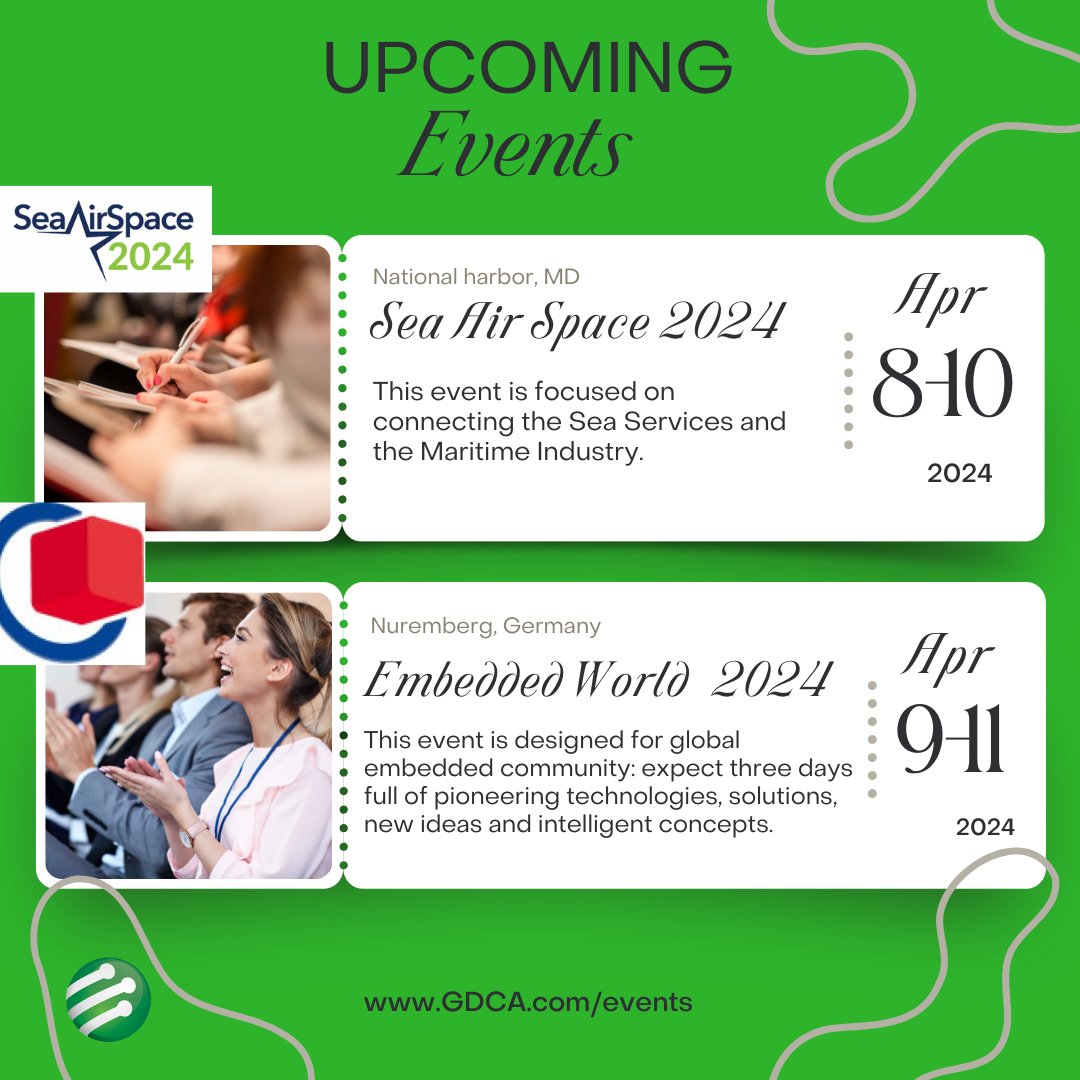 GDCAinc's tweet image. 🌍✈️ Next month, we&apos;re crossing the pond to make waves at Sea Air Space &amp;amp; shine @ Embedded World 2024! 🚢💻 Excited to network &amp;amp; showcase at our booth. What innovations are you looking forward to? Drop your thoughts below! 🤔👇 #SeaAirSpace2024 #EmbeddedWorld2024 #TechConferences