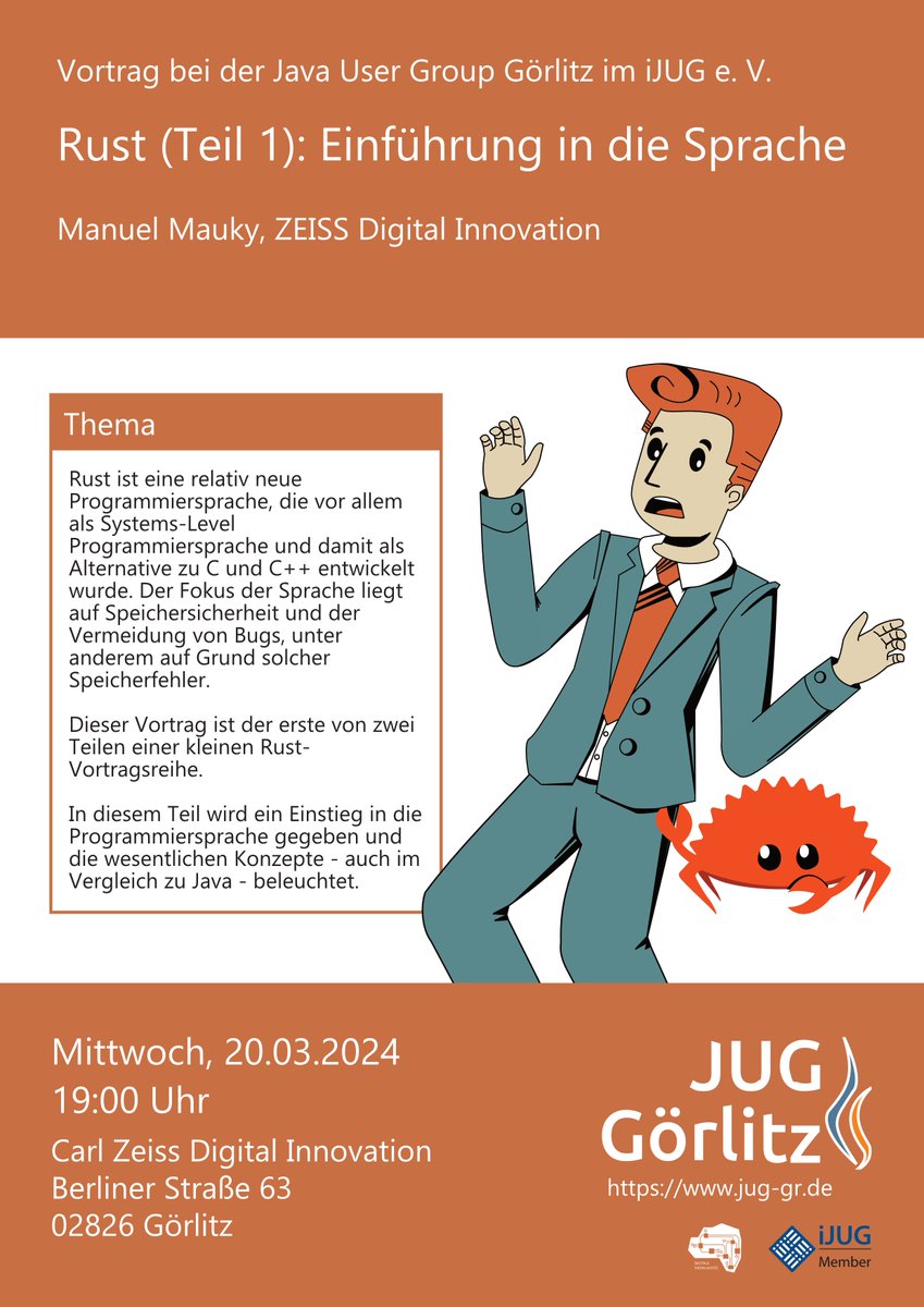 Am 20. März starten wir unsere Vortragsreihe zum Thema #Rust - im ersten Teil wird uns @manuel_mauky eine Einführung in die Sprache geben! Wir freuen uns auf euch. Alle Infos findet ihr auf unserer Website: jug-gr.de/talks/2024-03-…