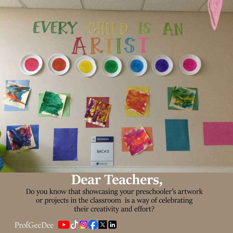 Displaying or showcasing your preschoolers' artwork or projects is a way of celebrating their creativity and effort.

This little act can make them feel valued and appreciated.

#earlyyears
#earlylearning
#earlychildhoodeducation
#dearteacherseries
#profgeedee