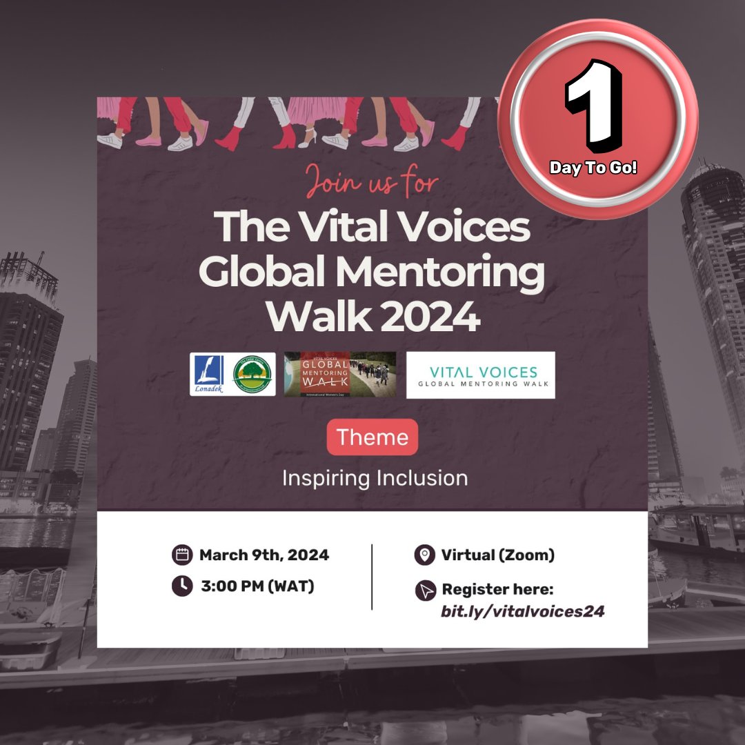 LonadekInc's tweet photo. 24 hours to the Vital Voices Global Mentoring Walk! Have you registered?
Join us on the 9th of March for the @vitalvoices Global Mentoring Walk in Celebration of International Women's Day 2024.
Register now via https://t.co/2MLwiPeANj
#Lonadek #CSEH #InternationalWomenDay #IWD https://t.co/2xd0rrbyVS
