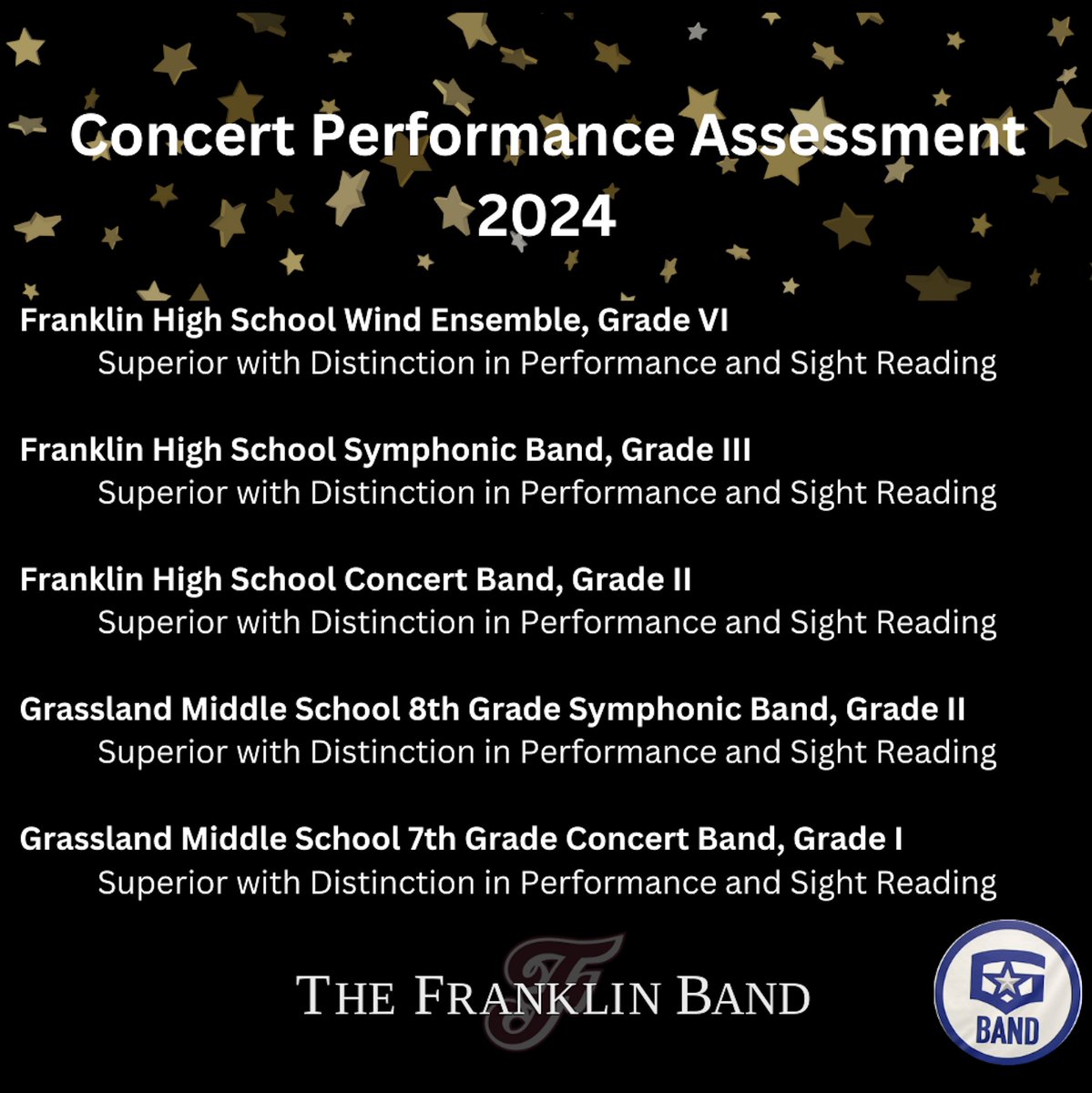 So proud of all of our students for their performances at CPA. All three of FHS's ensembles earned scores of Superior with Distinction. Shout out to the stellar performances of students from Grassland Middle School who also earned this honor! @wcsGMSband @wcsGMS @wcsFHS