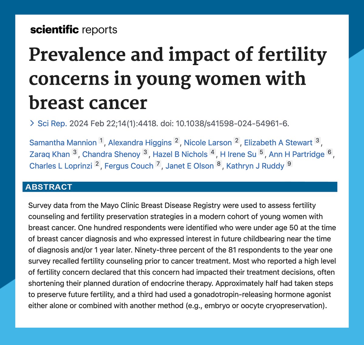 DFCI_BreastOnc's tweet photo. New study now out in Scientific Reports looking at the prevalence and impact of fertility concerns in young women with #BreastCancer.
@AnnPartridgeMD @KathrynRuddyMD @chandrashenoy @HazelBNichols @FergusCouch
#CancerFertility #YoungBreastCancer
https://t.co/oOwRLIAOF6 https://t.co/4tkfMHiRWO