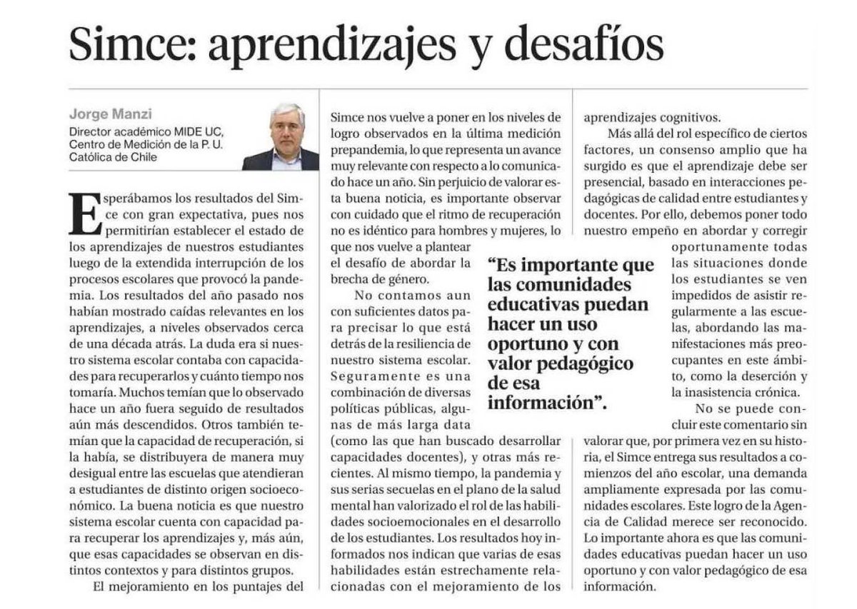 #8M A propósito del SIMCE, nuestro director, Jorge Manzi, escribe en <a href="/La_Segunda/">laSegunda</a> que "el ritmo de recuperación no es idéntico para hombres y mujeres, lo que nos vuelve a plantear el desafío de abordar la brecha de género en las oportunidades de aprendizaje" 👉
