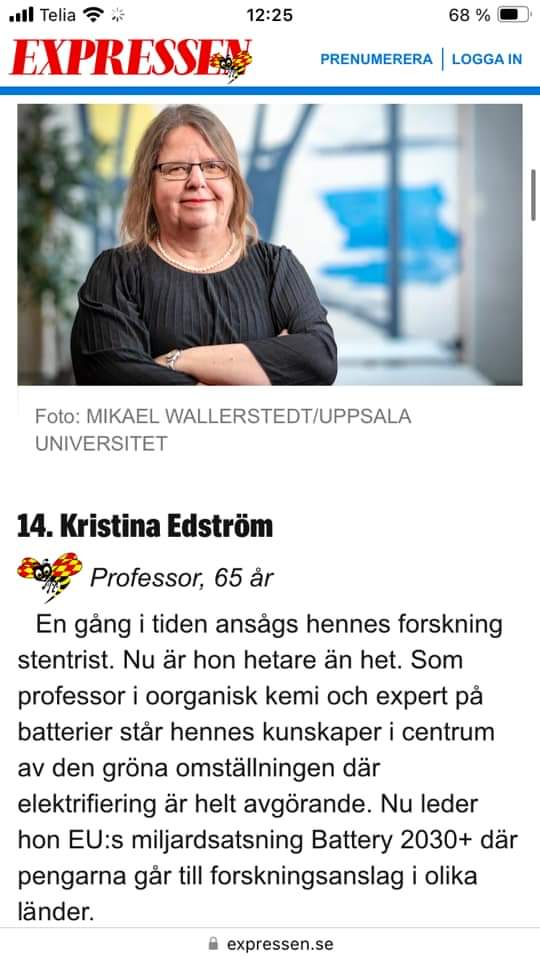 Number 14 in Sweden in the list of top 100 most influencial women. Who could belive this??? @2030Battery @chem_angstrom @angstromABC @BaseSweden