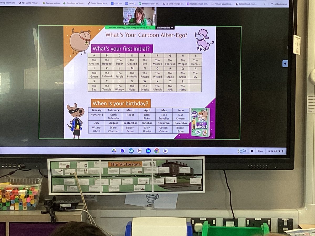 This afternoon Enterprise Class have been enjoying a virtual visit from author Jen Carney who wrote The Day My Dog Got Famous - she even taught us how to draw our own characters and how to come up with character names.