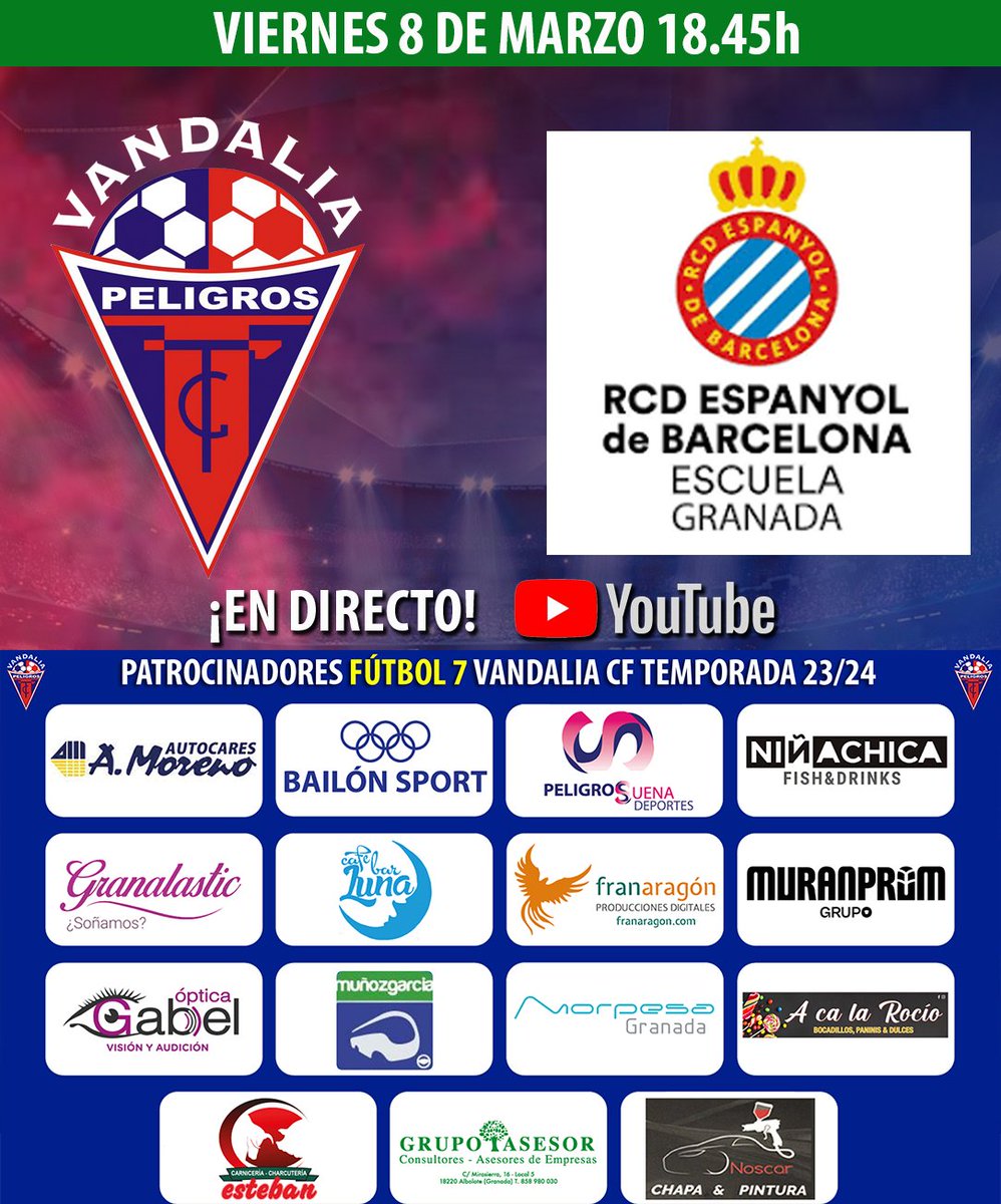 ¡Esta tarde juegan nuestros benjamines!
📆 18.45h
⚽ Vandalia CF vs RCD Español de Albolote
🥇 3ª Andaluza Benjamín
🟩 Estadio municipal Antonio Bailón
🖥 En directo youtube.com/live/Ab21vjVpj…