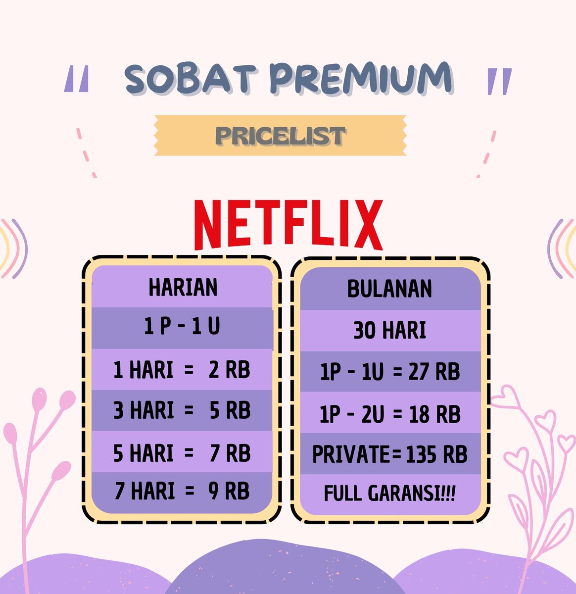 sanruise's tweet photo. ready all duration netflix 1p1u di @sobat_premium kaa✨full garansi, grab it fast! yukk bisa DM atau WA di link bio yaa kaa, Sobat tunggu 💖 https://t.co/BtVGkdilI2