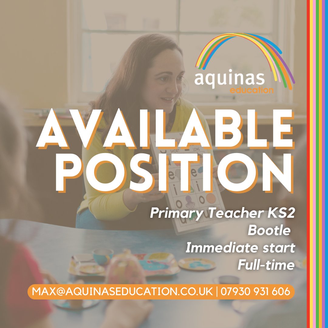 Available Positions 🌈 Max in our Liverpool office is looking to fill two KS2 primary teacher roles, one in Walton and the other in Bootle. The roles both start immediately and are full-time. If you are interested in either of these roles please contact Max! #teacherjobs