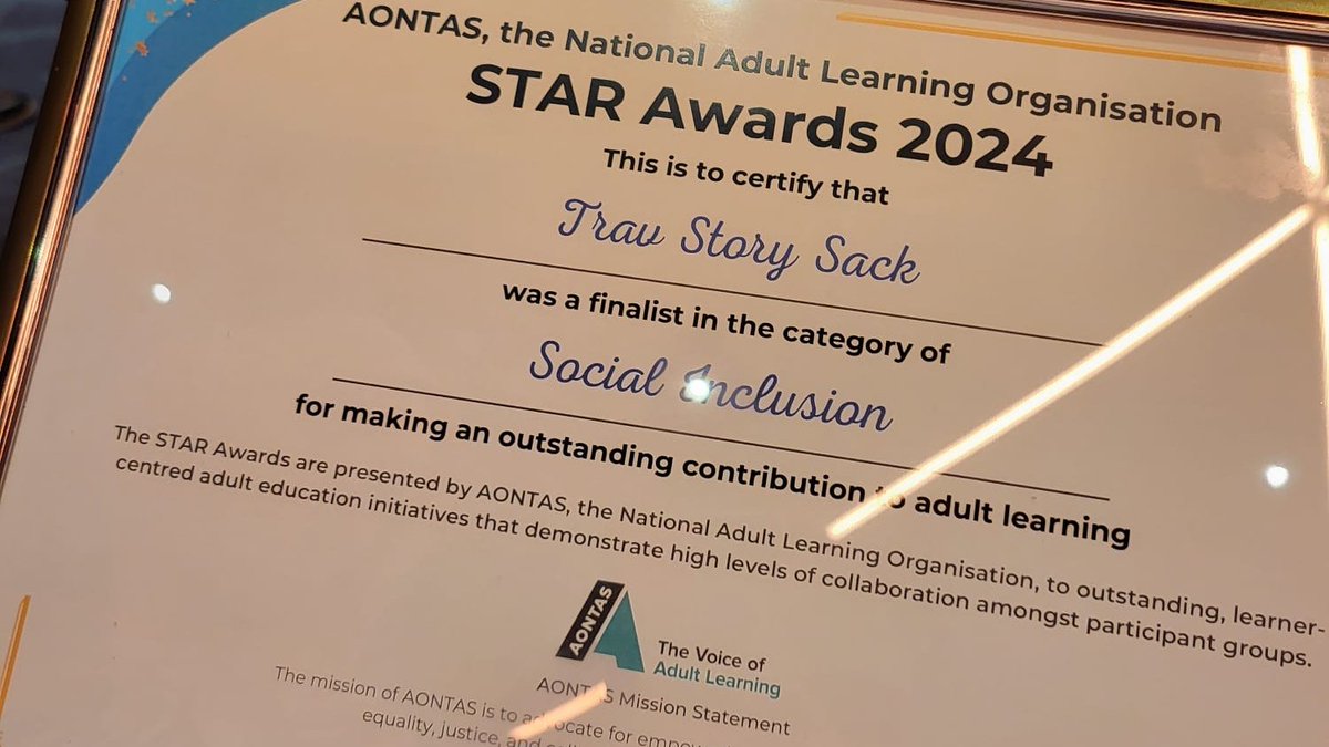 What a fabulous celebration of adult learning at the @aontas 2024 STAR Awards! Even though our Trav Story Sack project didn't win, we were thrilled to have been shortlisted alongside all of the wonderful initiatives. #STARAwards2024