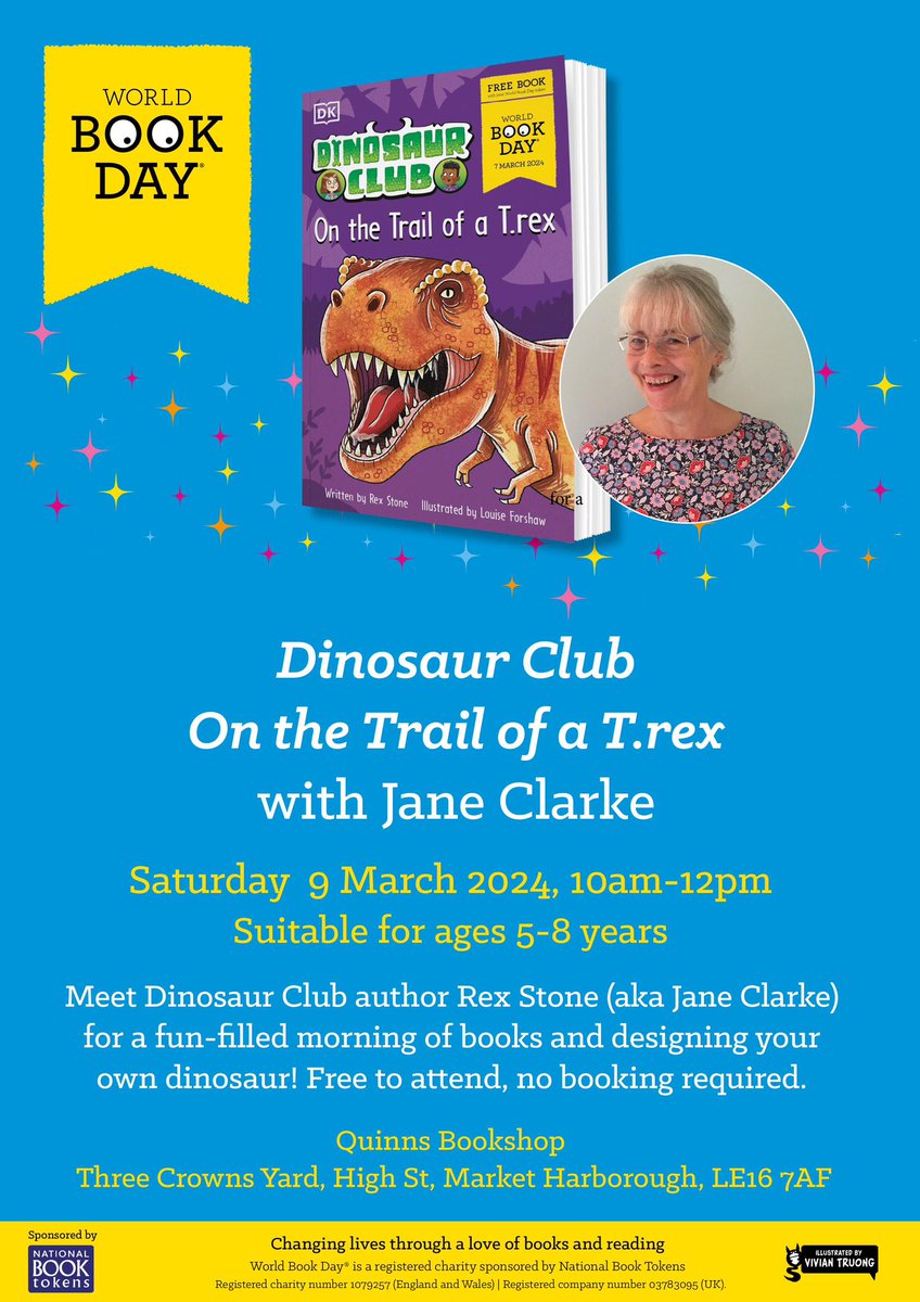 IT’S TOMORROW! 📚 🦖 Come to the shop tomorrow morning between 10am and 12pm to meet author @JaneClarkeWrite (Rex Stone), author of the Dinosaur Club series, get your book signed, design your own dinosaur and pick up a free shark tooth fossil! 🦈 @WorldBookDayUK @dkbooks