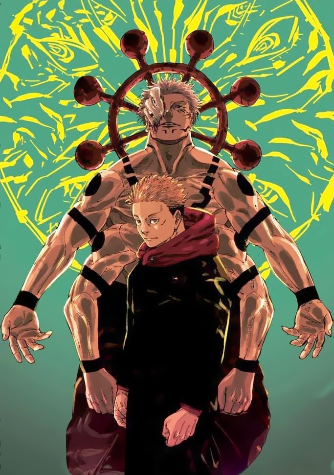 Go_Jover's tweet image. NEW YUJI SUKUNA ART BY GEGE!!

Six Eyes indicating Gojo is drawn in the background #JJKSpoilers