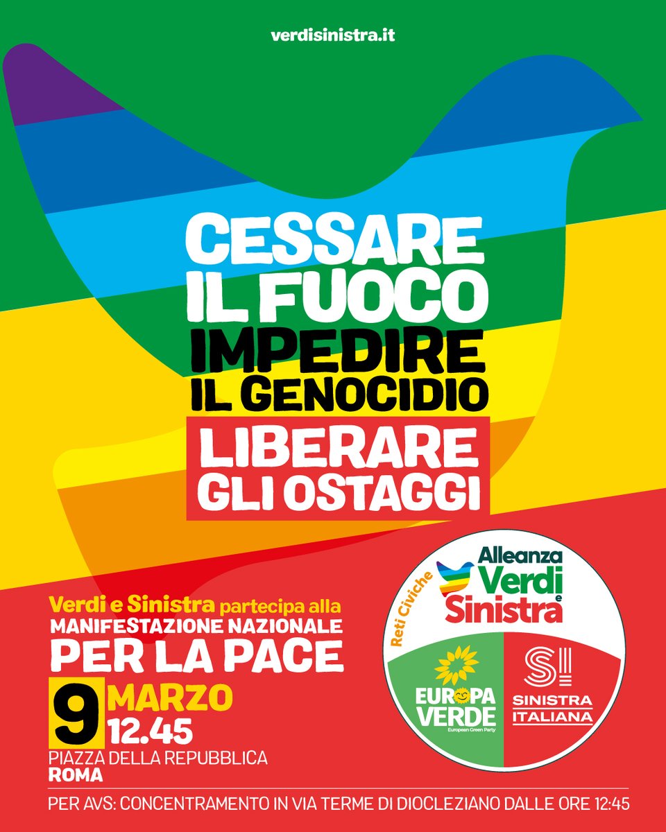 🕊In piazza per la Pace. Per cessare il fuoco, impedire il genocidio, liberare gli ostaggi! 🌈Domani #9marzo saremo alla manifestazione nazionale per la #Pace. Appuntamento in Piazza della Repubblica, ore 12:45 all’incrocio con Viale delle Terme di Diocleziano. Ti aspettiamo!