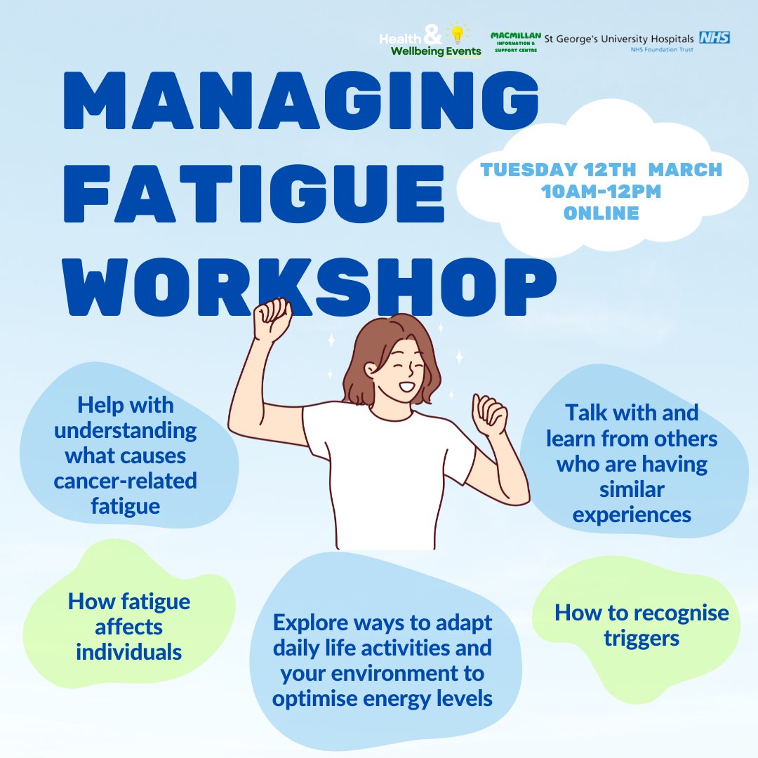 Do you experience Cancer-related fatigue? Join our Online Managing fatigue workshop to understand what cancer-related fatigue is; learn how to manage your symptoms, and receive guidance on what you could do at home to manage fatigue.