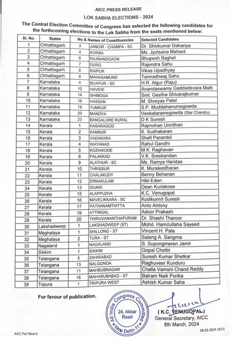AIRNewsHindi's tweet photo. 🔸कांग्रेस ने आगामी #LokSabhaElections के लिए 39 उम्मीदवारों की पहली सूची जारी की।
🔸#राहुल_गांधी केरल के वायनाड से चुनाव लड़ेंगे।
#PollsWithAIR | #LokSabhaElections | #GeneralElections2024 https://t.co/5y57bBZdLn