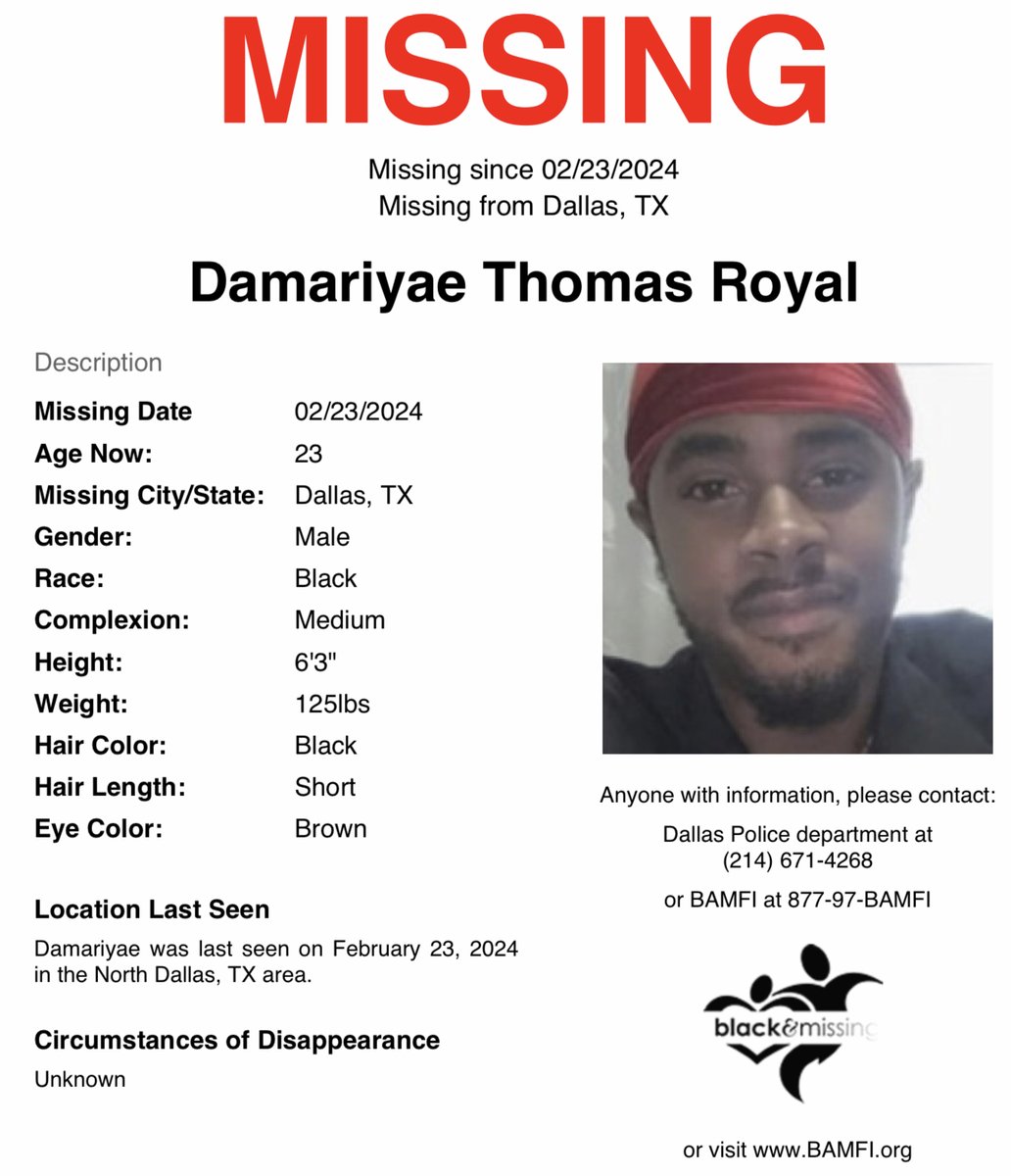 BAM_FI's tweet photo. #Dallas, #Texas: 23y/o Damariyae Royal is STILL #missing. He was last seen on February 23, in the North Dallas area.

Please SHARE to help find Damariyae. #DamariyaeThomas #HelpUsFindUs #FindingFriday https://t.co/U82FVVvGcI