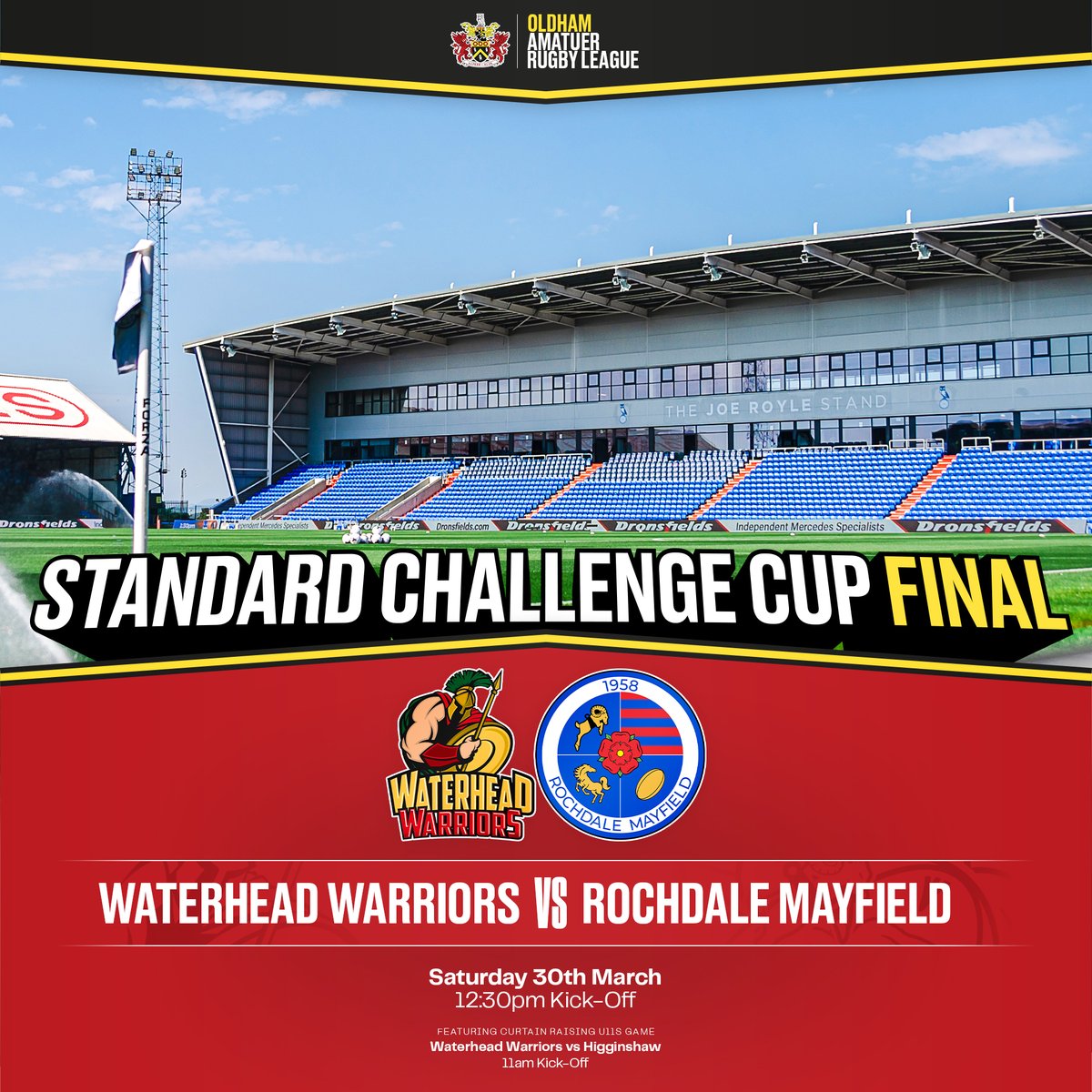 OfficialOAFC's tweet photo. 🏉 We’re pleased to be hosting the final of the Standard Cup on Saturday 30 March.

🎟️ Tickets for the local amateur rugby competition at Boundary Park are now on sale. #oafc

More information ⤵️