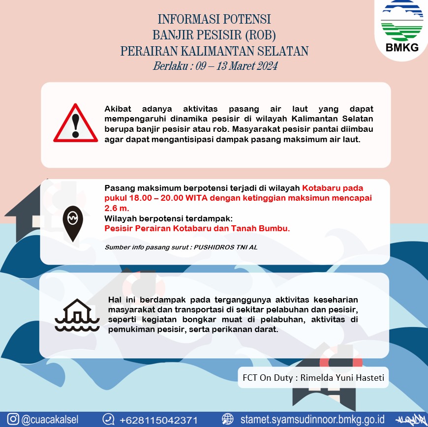 cuacakotabaru's tweet photo. Selamat Malam,
berikut kami sampaikan informasi prakiraan pasang air laut maksimum yang berpotensi menyebabkan banjir pesisir (rob) wilayah Perairan Kalimantan Selatan yang berlaku untuk tanggal 09 - 13 Maret 2024.
#CuacaKalsel #infoBMKG #InfoKalsel #CuacaKotabaru #KotabaruInfo https://t.co/mfYwWTSazR