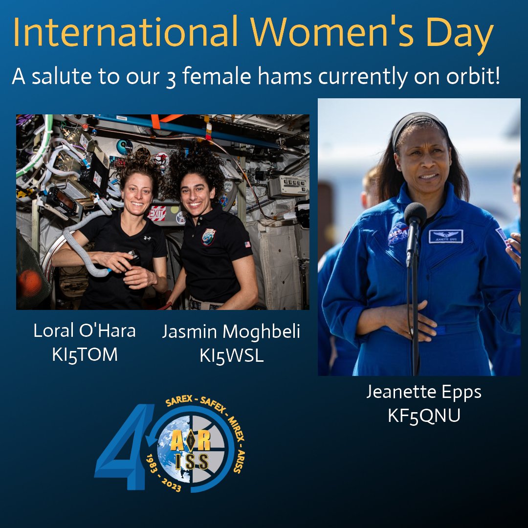 ARISS - Amateur Radio on the ISS (@ariss_intl) on Twitter photo Did you know, all three of the female astronauts on the <a href="/Space_Station/">International Space Station</a> are licensed Amateur Radio operators?
Now you do! We salute <a href="/AstroJaws/">Attacker</a>, <a href="/lunarloral/">Loral O'Hara</a> and <a href="/Astro_Jeanette/">Jeanette J. Epps, PhD</a> on this #InternationalWomensDay! Did you know, all three of the female astronauts on the <a href="/Space_Station/">International Space Station</a> are licensed Amateur Radio operators?
Now you do! We salute <a href="/AstroJaws/">Attacker</a>, <a href="/lunarloral/">Loral O'Hara</a> and <a href="/Astro_Jeanette/">Jeanette J. Epps, PhD</a> on this #InternationalWomensDay!