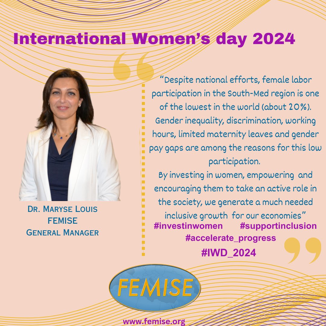 femisenetwork's tweet image. Do you know the current status of women employment in the South Med region? 🔍🚺 #femise General Manager 
Dr Maryse Louis unveils the need to #investinwomen #WomenEmpowerment2024 #SupportInclusion
#AccelerateProgress
 #IWD2024