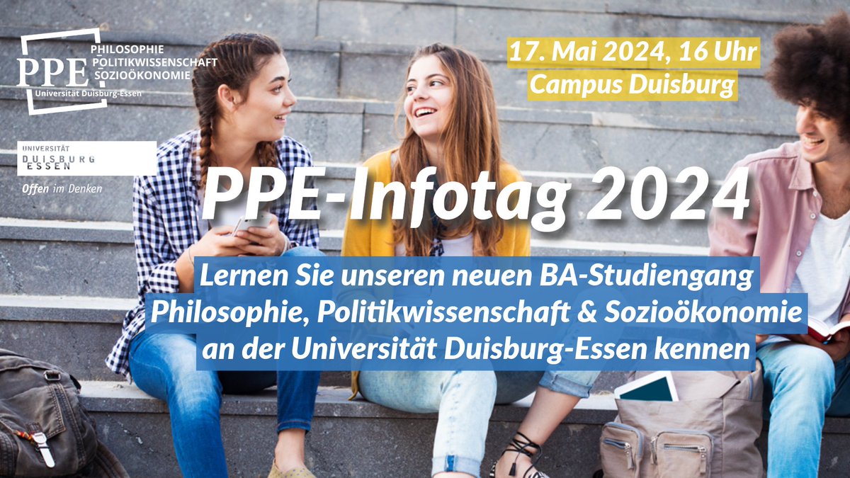 Um unseren neuen BA-Studiengang Philosophie, Politikwissenschaft und Sozioökonomie #PPE (@ifp_ude, @ifso_due) kennenzulernen findet am 17. Mai 2024, 16 Uhr ein Infotag statt. Vorbeikommen lohnt! Infos und Anmeldung (und bald auch Programm) unter: uni-due.de/ppe/