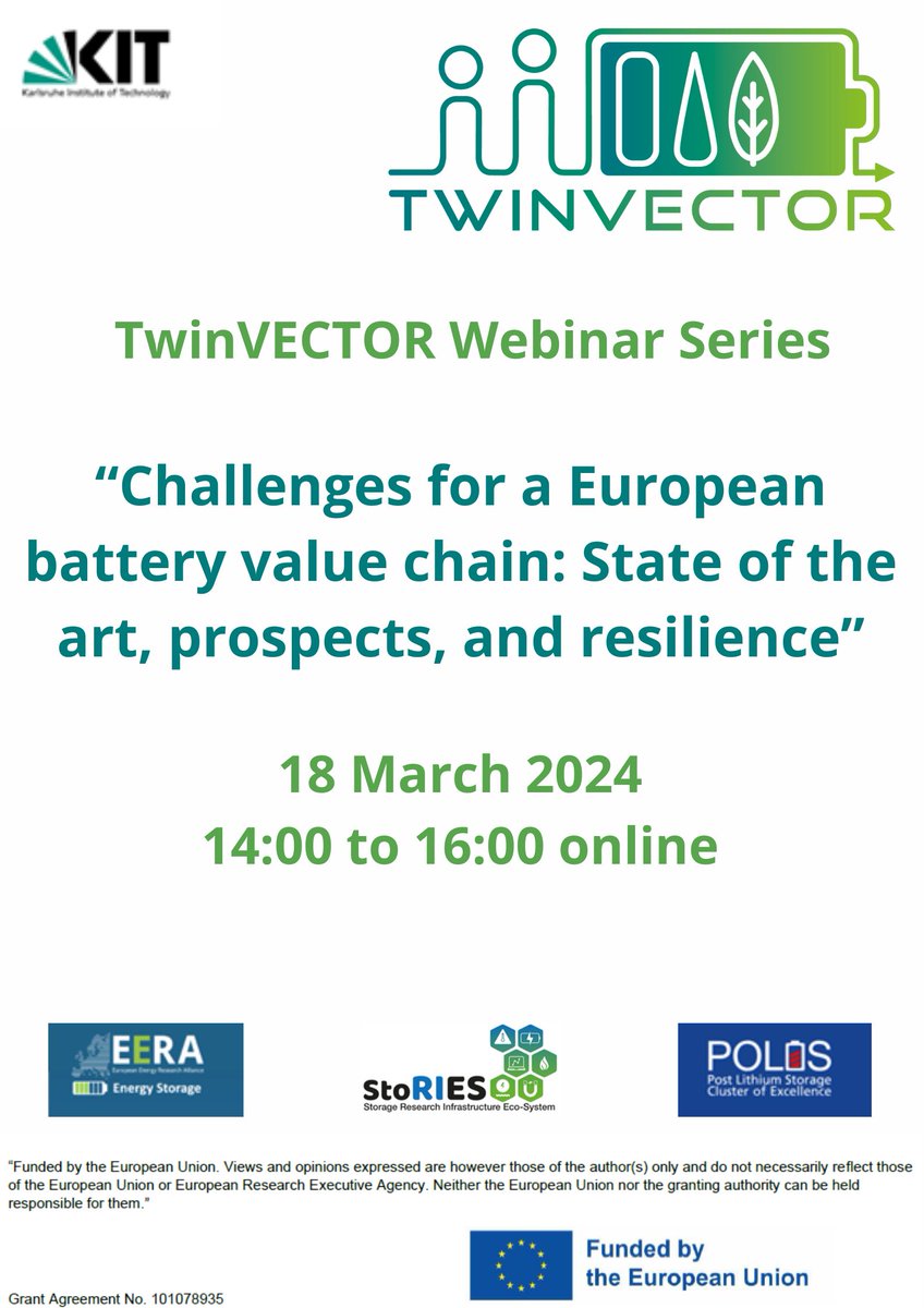 TwinVectorEU's tweet photo. 🚀Exciting News! Join our #TwinVectorEU webinar
on Challenges for European #BatteryValueChain, which will be organized by @KITKarlsruhe
📅18.03.24
⏰2-4pm GMT
🎙️Speakers:
1️⃣Dr.Stefan Wolf 
2️⃣Dr.Michael Lüken
🔗https://t.co/9YtMhypqE8
#Sustainability #HorizonEurope #HorizonEU #LCA https://t.co/SVjGajcm66
