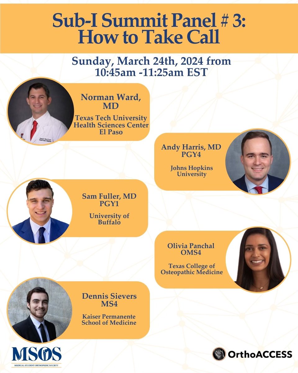 📣Introducing Panel #3 of the MSOS Sub-I Summit: How to Take Call 🦴Be sure to register using the link below and join us on Sunday, March 24th from 9:30am to 1:15pm EST. Attend this panel and learn how to utilize valuable study resources with @orthoaccessinfo. 🦴Stay tuned as