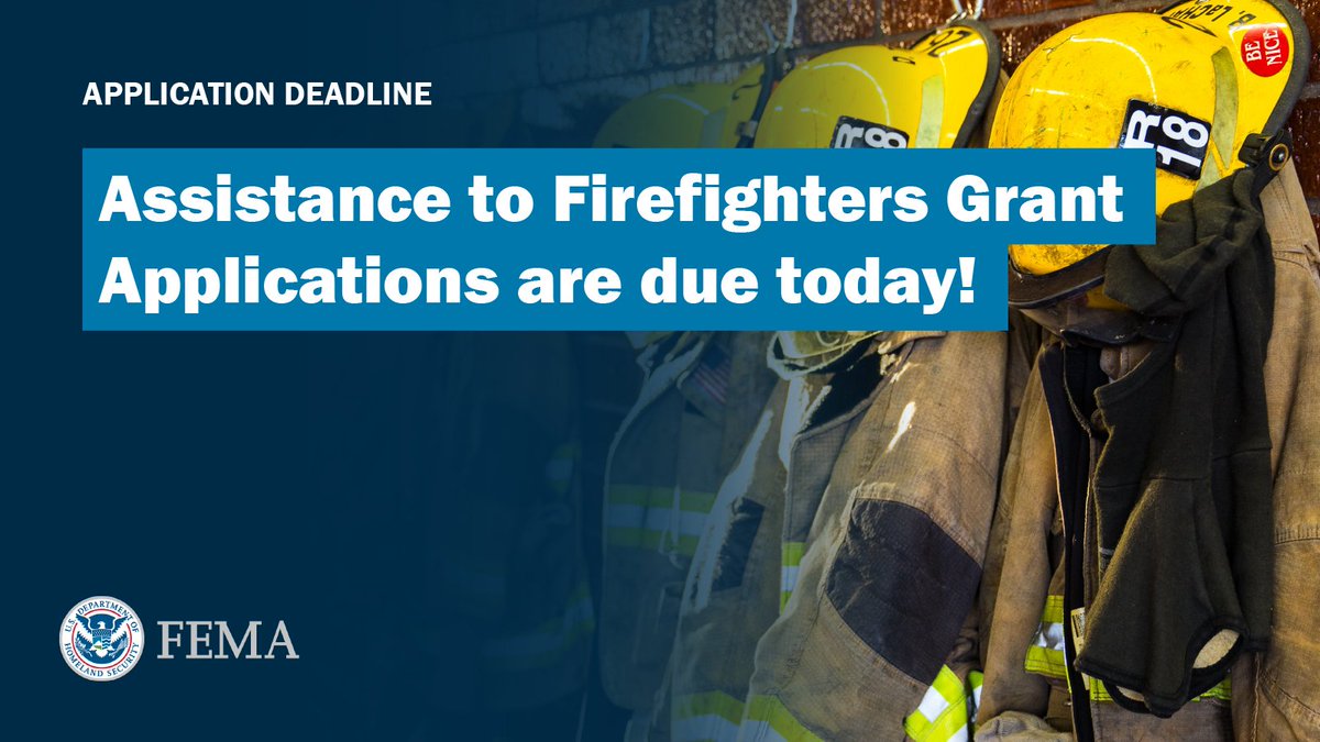 Last chance! 🚨 FY23 Assistance to #Firefighters Grant applications are due TODAY by 5 pm ET. Check the status of your application here⤵️ grants.gov/search-results…