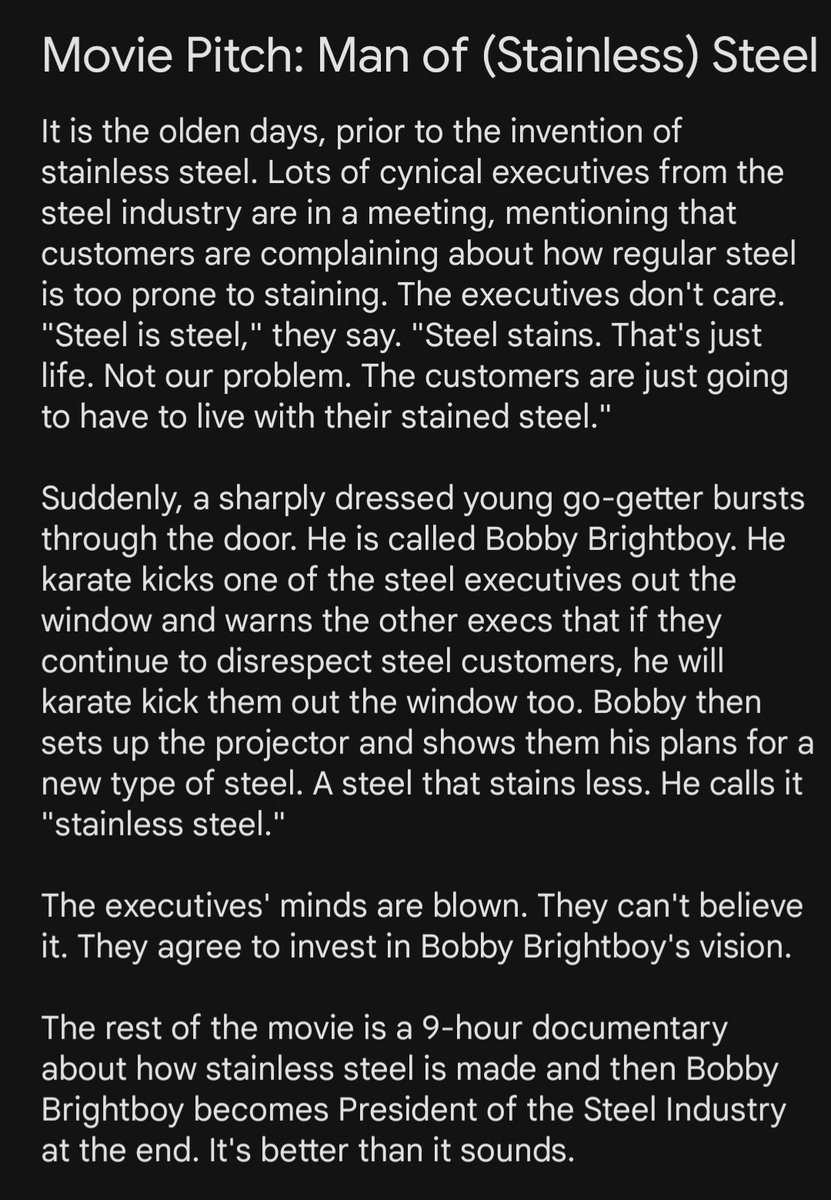 [Private Message to @JohnCena] Hi John. Been thinking for a while there's a gap in the market for a movie about stainless steel. Here's a pitch I've written up. If you want, you can play the role of Bobby. Am hoping to get this into production month. Let me know. Thanks 👍