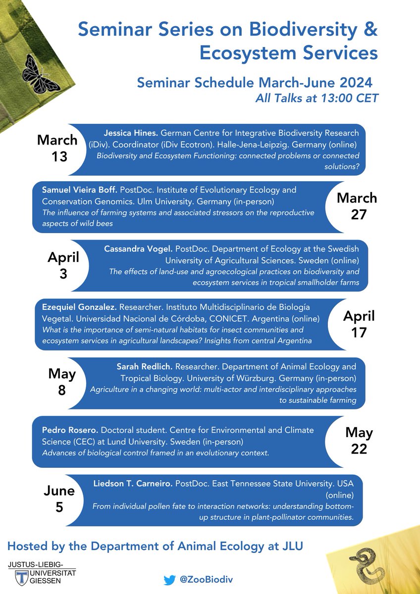 Zoological Biodiversity (@zoobiodiv) on Twitter photo 📢New #biodiversity seminar schedule
Check out the list of upcoming speakers in our latest biodiversity & ecosystem service seminar series! We're excited to welcome Dr. Jessica Hines from <a href="/idiv/">iDiv Biodiversity Research</a> at 1 pm CET March 13 as our 1st speaker🙌
#webinar link 👇
uni-giessen.de/de/fbz/fb08/In… 📢New #biodiversity seminar schedule
Check out the list of upcoming speakers in our latest biodiversity & ecosystem service seminar series! We're excited to welcome Dr. Jessica Hines from <a href="/idiv/">iDiv Biodiversity Research</a> at 1 pm CET March 13 as our 1st speaker🙌
#webinar link 👇
uni-giessen.de/de/fbz/fb08/In…