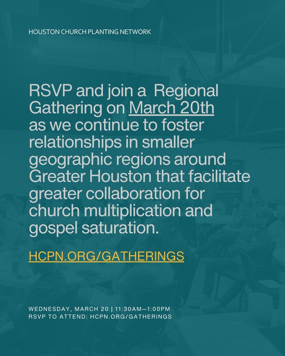 HCPN Regional Gatherings are happening March 20th (11:30am-1:00pm)! Join other pastors in your area for lunch, fellowship, prayer, and a facilitated time of strategic conversations.⁠
⁠
Register online: HCPN.ORG/GATHERINGS