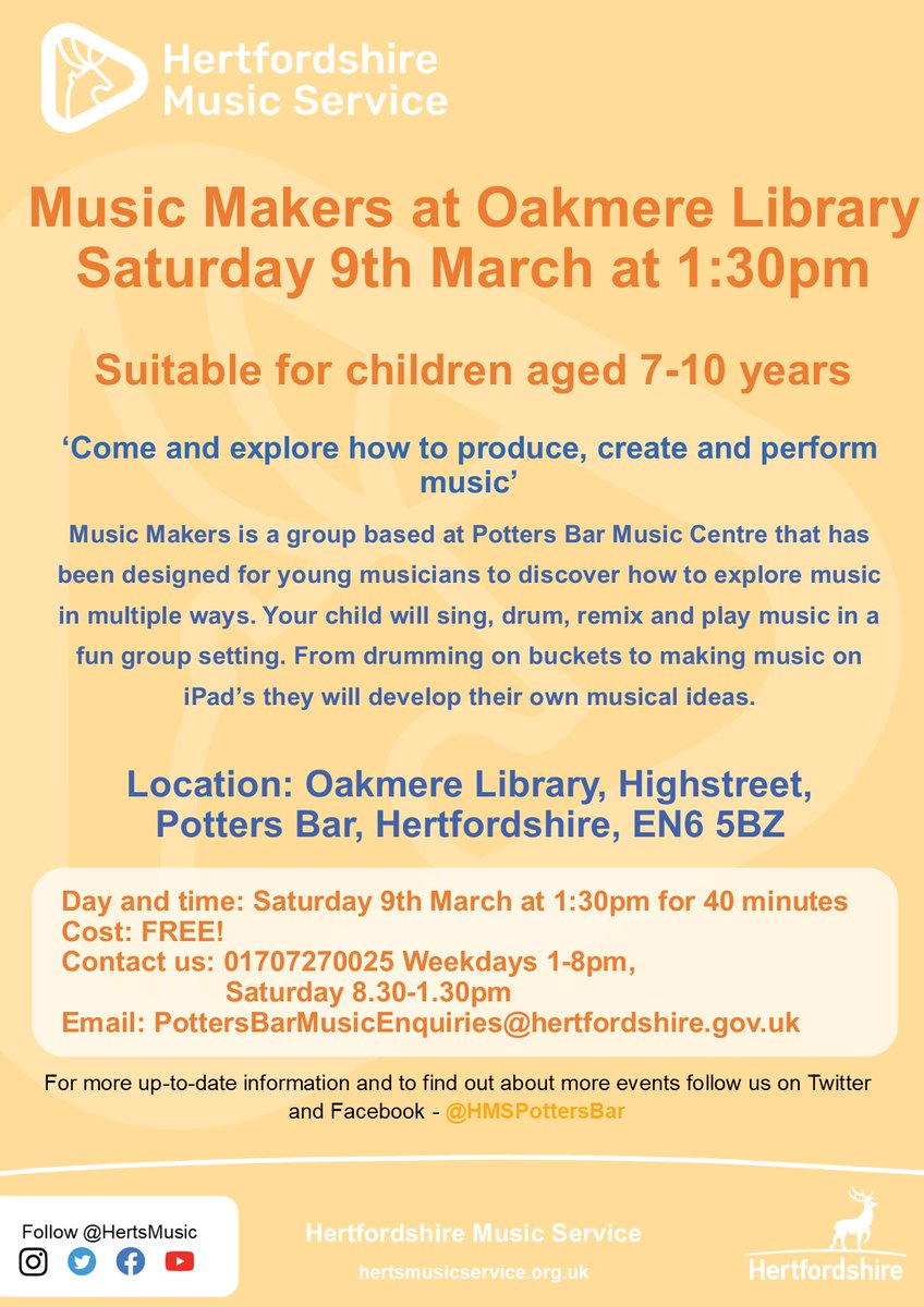 We are hosting a FREE Music Making session at Oakmere library tomorrow, Saturday 9th March at 1:30pm. Just turn up on the day!
<a href="/oakmereprimary/">Oakmere Primary School & Nursery</a>
<a href="/cranborneschool/">Cranborne School</a>
<a href="/BPPrimarySch/">Brookmans Park School</a>
<a href="/LittleHeathSchl/">Little Heath School</a>
@WroxhamSchool
<a href="/StGilesPrimary/">St Giles’ CE Primary</a>