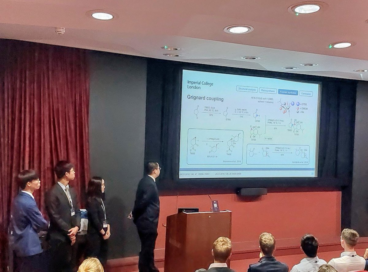 @CRiverLabs Imperial College London @impchemistry @imperialcollege has a team entirely composed of first year undergraduates 🤯 An Adler-Becker dearomatization was followed by several reductions to produce multiple stereocentres in a convergent synthesis #UKRetroComp