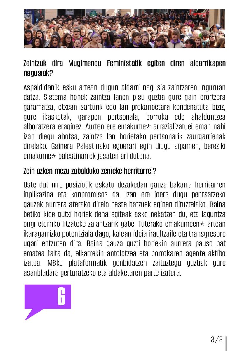 Gizartea | 🟣

Tuterako Mugimendu Feministari elkarrizketa | M8ko plataformako militante gazte batekin hitz egin dugu.

💥 Mariak azaldu du zergatik martxoaren 8an karrikak bete behar diren.

✍️ <a href="/merytxipii/">Maria</a>