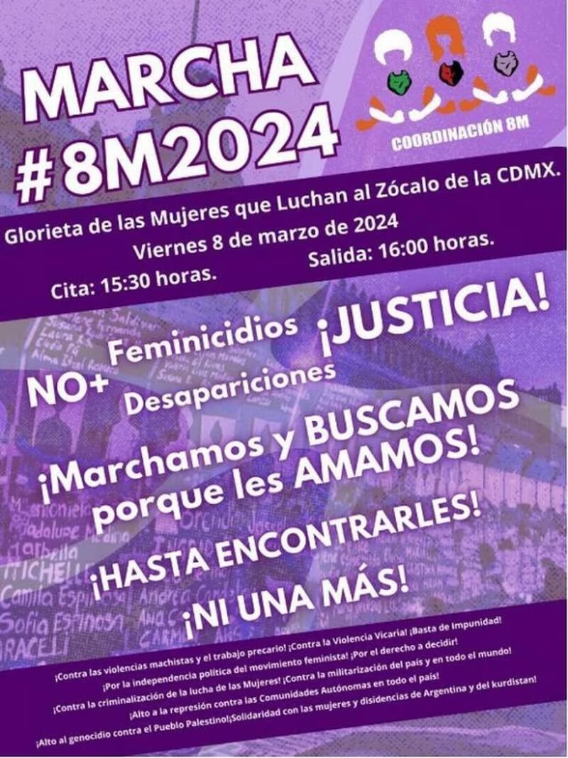 8MCDMX's tweet photo. ¡Únete a la marcha del 8M y hagamos historia juntas! Este 8 de marzo, te invitamos a levantar la voz y marchar por la igualdad de género, la justicia social y los derechos de las mujeres. #NiUnaMás #NiUnaMenos #8MCDMX #8marzo2024 https://t.co/MhsnwHQCCX
