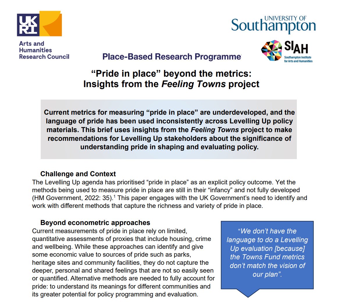 1/2. 🌞With @Soton_SIAH we have published the first of our @ahrcpress Place Programme Policy Briefs about the significance of understanding 'pride in place' in shaping & evaluating Levelling Up policy. Read/download here: gla.ac.uk/media/Media_10…