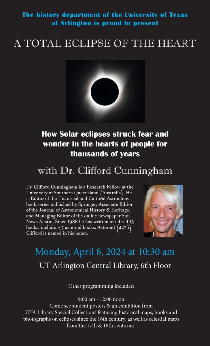 utalibarts's tweet photo. Happening today - 10:30am, 6th floor Central Library, free &amp; open to the public!
"How Solar eclipses struck fear and wonder in the hearts of people for thousands of years." 

#LiberalArtsMavericks #UTALibArts https://t.co/EhSSdr1poH