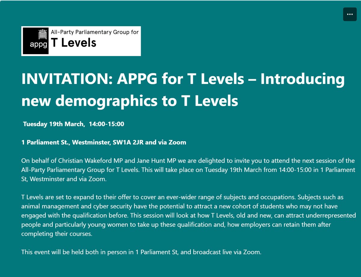 Join us at our next All-Party Parliamentary Group Event: "Introducing New Demographics to T Levels." 
Chaired by <a href="/Christian4BuryS/">Christian Wakeford MP</a>

🗓️ 19th March
🕒 14:00 to 15:00
📍 1 Parliament Street, Westminster, SW1A 2JR and via Zoom

Register below at: 

forms.office.com/e/gDFXtAdAnp

#TLevels