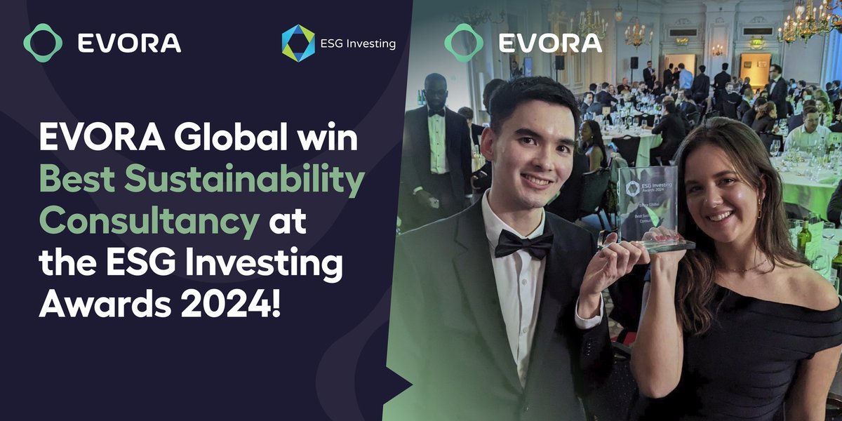 🏆 EVORA Global were delighted to receive the award for Best Sustainability Consultancy at the ESG Investing Awards 2024! Thanks to all of the EVORA team for their continued hard work & ESG Investing for recognising us among such strong competition! #esginvesting #awards2024