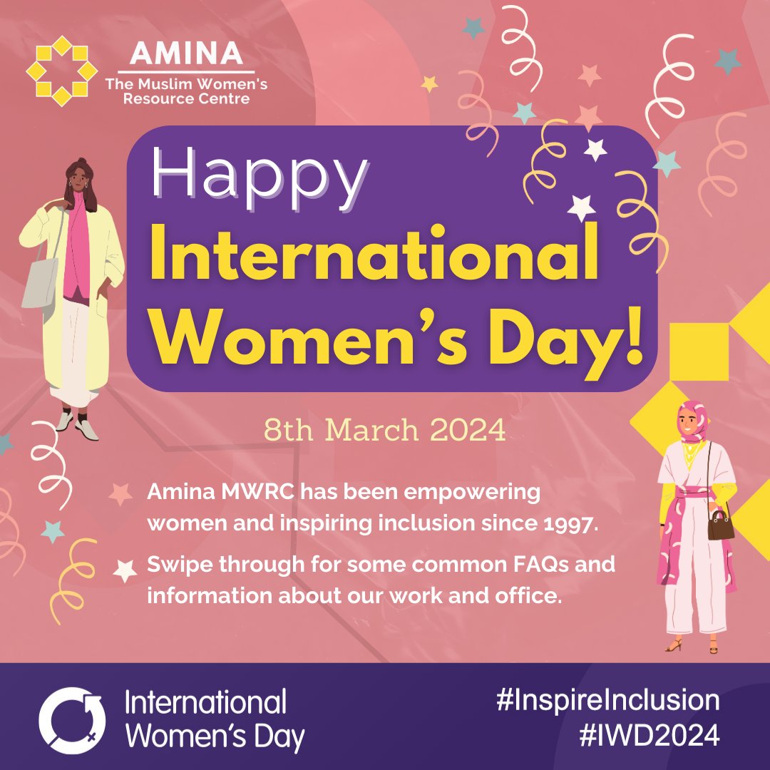 Happy #InternationalWomensDay to all our Queens! 👸 Amina MWRC has been empowering women & #InspiringInclusion since 1997. Check out common FAQs and info about our work👉If you're a Muslim or BME woman in Scotland, visit mwrc.org.uk to learn more about our services.💌