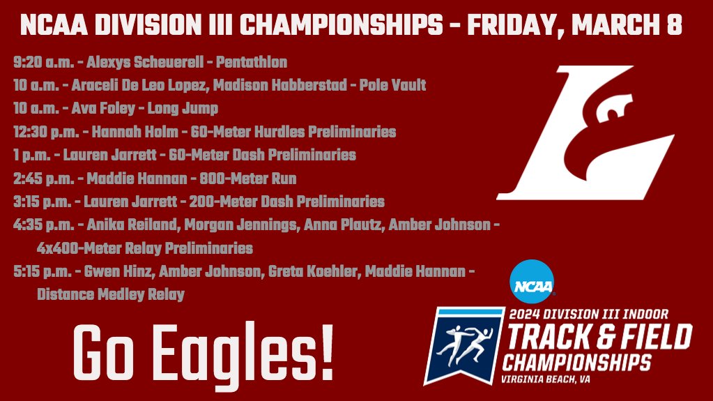 UWLAthletics's tweet image. Meet Day! @UWL_WomensTrack set to defend its NCAA Division III Championship today and tomorrow in Virginia Beach. Action starts at 9:20 a.m. Go Eagles!
📺 ncaa.com/event/4404
📊 results.leonetiming.com/?mid=6035