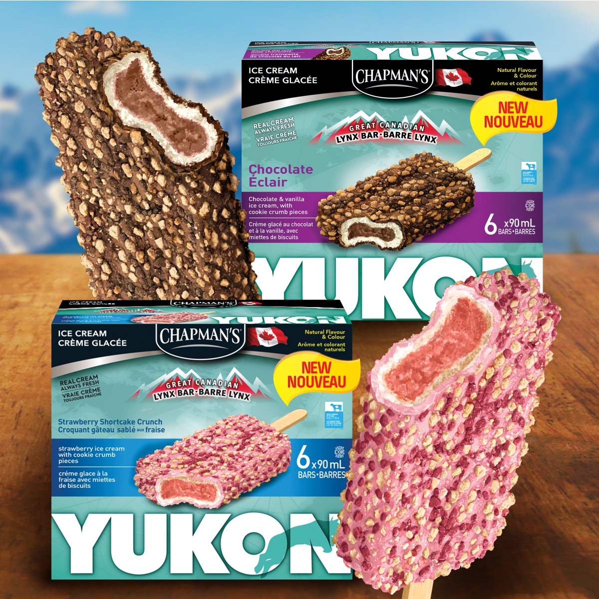 NEW! Great Canadian Yukon bars are as BIG on taste as they are on crunch. 😋 TWO incredible flavours, Strawberry Shortcake Crunch and Chocolate Éclair Crunch, are now in stores across Canada. #canadian #new #treatyourself #icecreambars #ChapmansIceCream