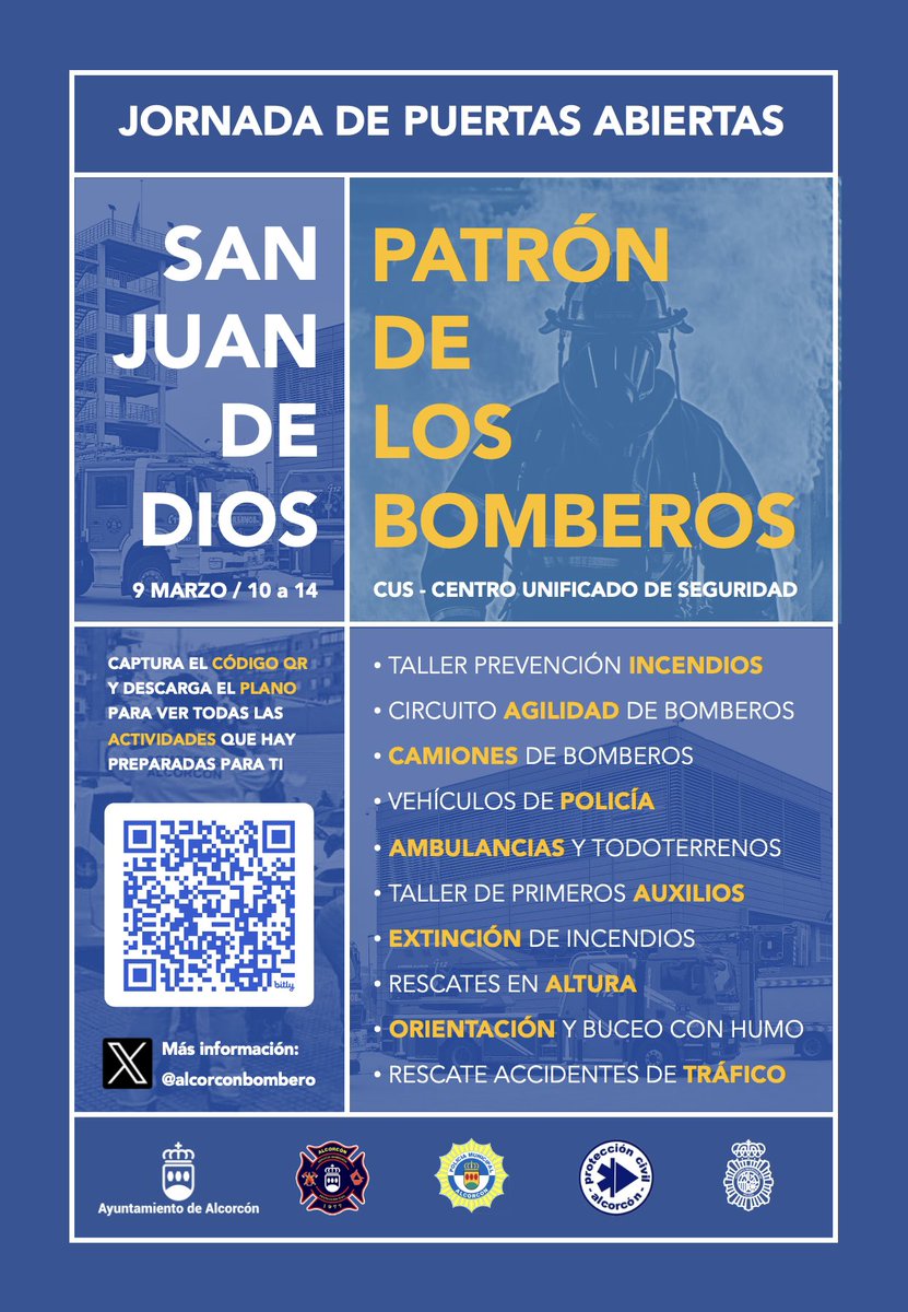 Deseando que llegue mañana y las condiciones metereologicas de
Lluvia ☔️ y viento 💨 nos permitan celebrar el #PatrónDeBomberos #SanJuanDeDios con todos vosotros en la jornada de #PuertasAbiertas que se ha organizado en el #CUS #Alcorcón 

Sábado 9 marzo 2024
10:00 a 14:00