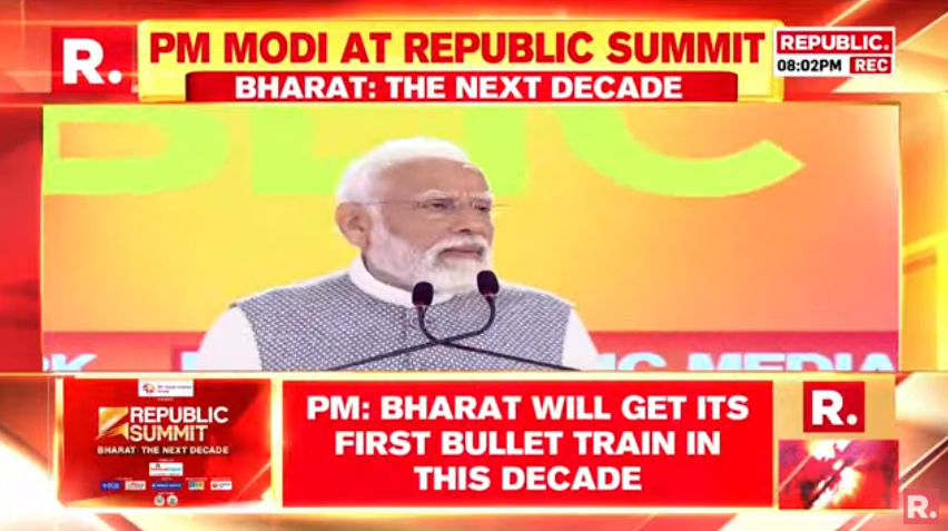 republic's tweet photo. #PMModiAtRepublicSummit | India will get its first bullet train, secured corridors and high-speed prosperity in this decade: Prime Minister Narendra Modi
Tune in here to watch PM Modi's stirring speech at #RepublicSummit2024: https://t.co/GaiaONsKAg
#PMModi #Republic #ArnabGoswami