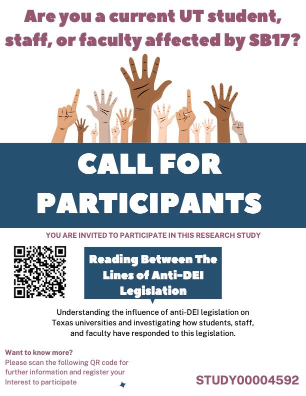 📢📢 CALL FOR PARTICIPANTS! Graduate students at UT Austin in Education Policy and Planning are gathering interviews with faculty, staff, and students around the personal, social, and professional impacts of SB17. 1/x
