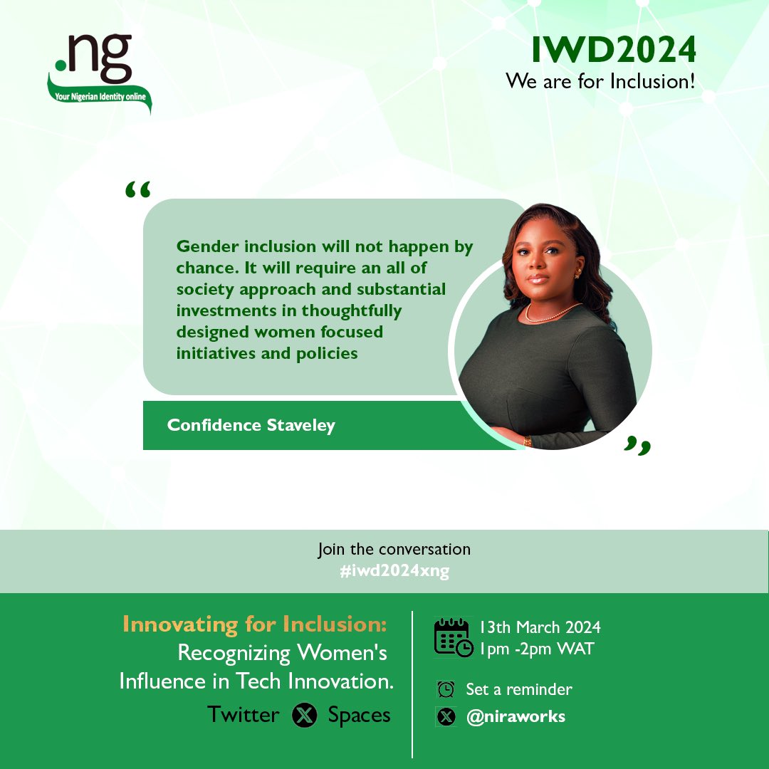 NiRA (@niraworks) on Twitter photo We are lending our voices for women’s inclusion.
<a href="/sisinerdtweets/">Confidence Staveley</a> proudly supports the .ng 'We Are For Inclusion' campaign for women, as we firmly believe in equity and diversity for a better future.
Confidence Staveley is a Cybersecurity Leader.
#IWD #ngXIWD2024 We are lending our voices for women’s inclusion.
<a href="/sisinerdtweets/">Confidence Staveley</a> proudly supports the .ng 'We Are For Inclusion' campaign for women, as we firmly believe in equity and diversity for a better future.
Confidence Staveley is a Cybersecurity Leader.
#IWD #ngXIWD2024