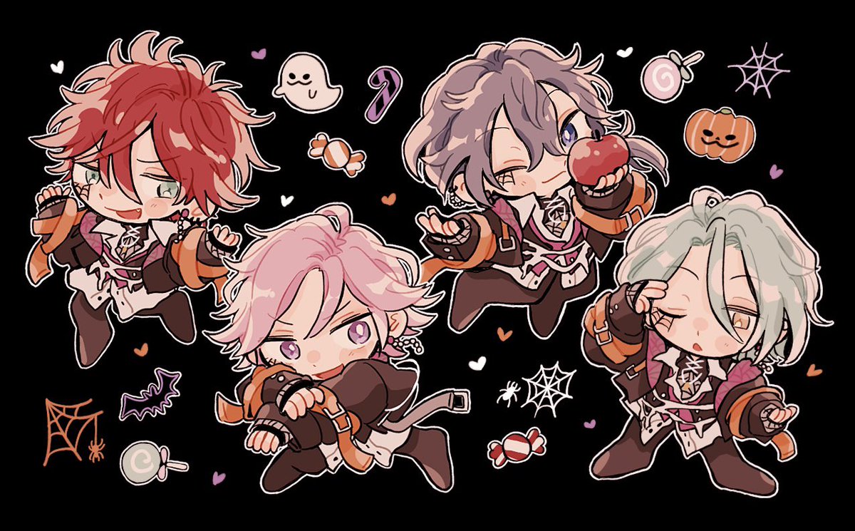 multiple boys food male focus pink hair one eye closed spider web chibi  illustration images