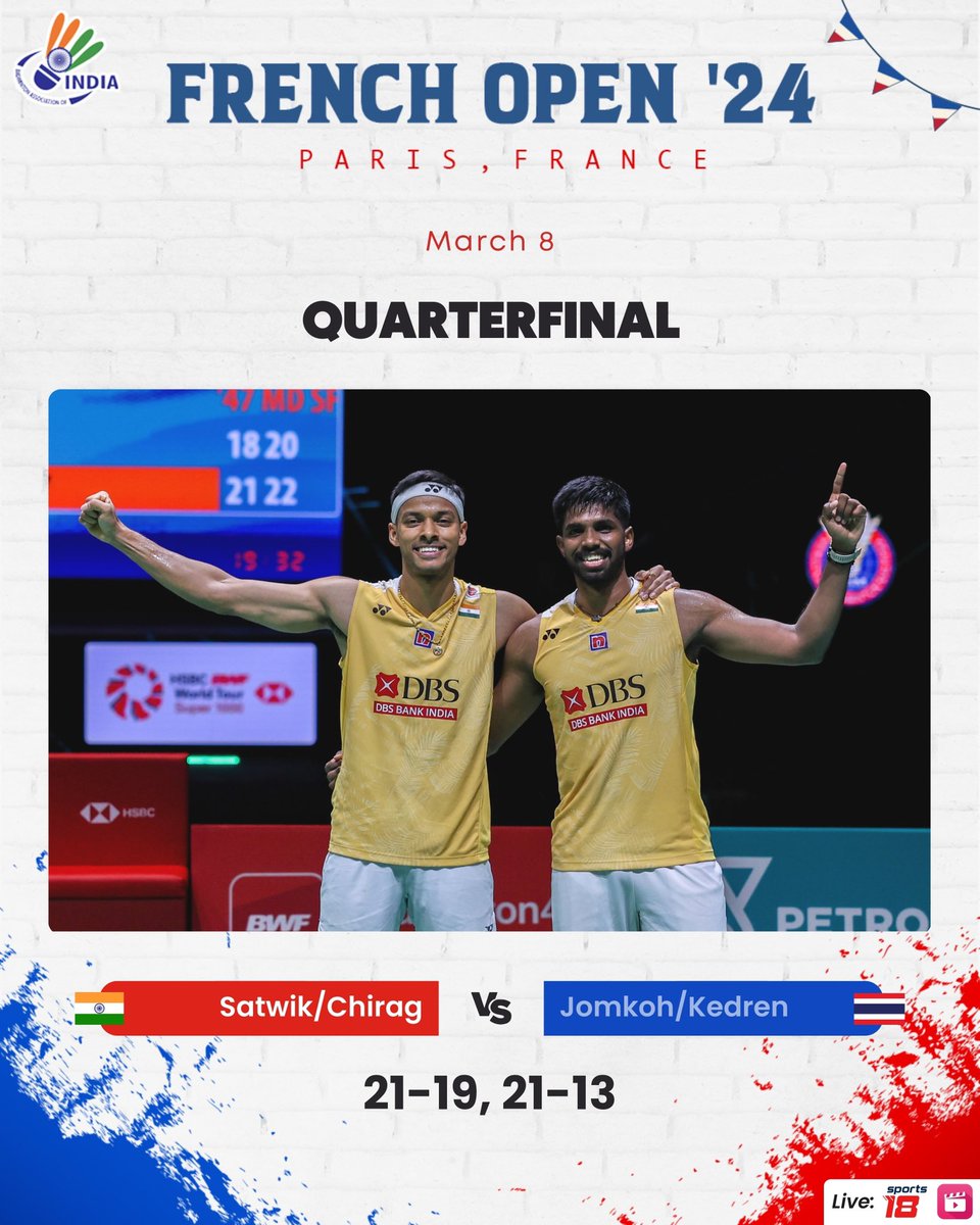 Top seeds SatChi continue their domination to reach 3️⃣rd consecutive semifinal this year 😎🚀

📸: <a href="/badmintonphoto/">Badmintonphoto</a>

#FrenchOpen2024
#IndiaontheRise
#Badminton